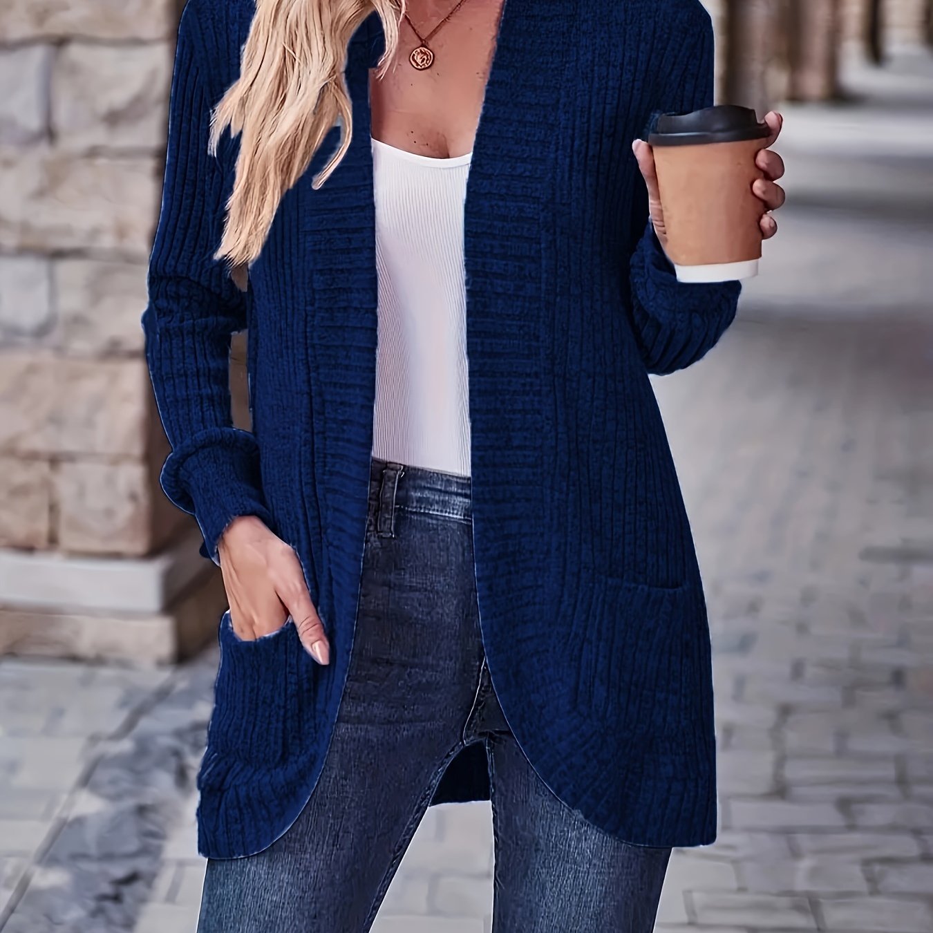 Lotte | Solid Color Open-Front Cardigan Featuring Pockets