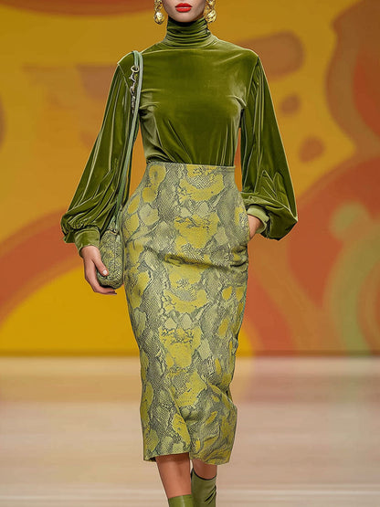 Vintage Green Velvet Turtleneck and Snakeskin Print Skirt Set