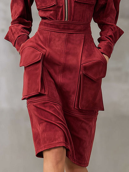 Faux Suede Midi Work Dress with Zipper, Flaps, and Multiple Pockets