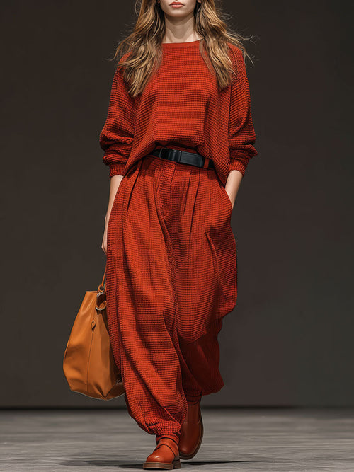 Retro-Inspired Red Waffle Knit Sweater with Round Neck and Sporty Trousers