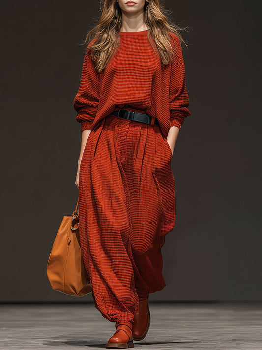 Retro-Inspired Red Waffle Knit Sweater with Round Neck and Sporty Trousers