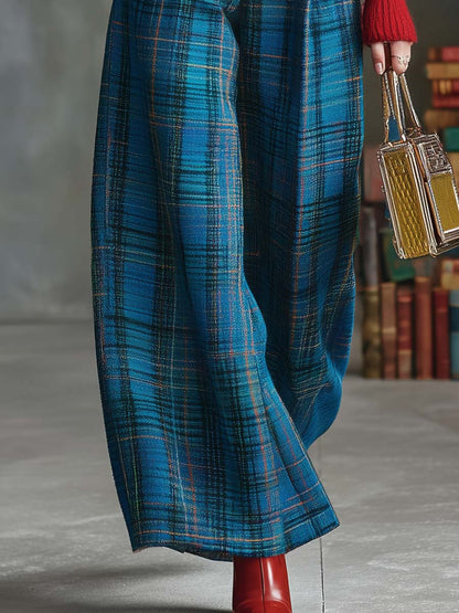 Versatile Wide-Leg Blue Check Trousers in Retro Style