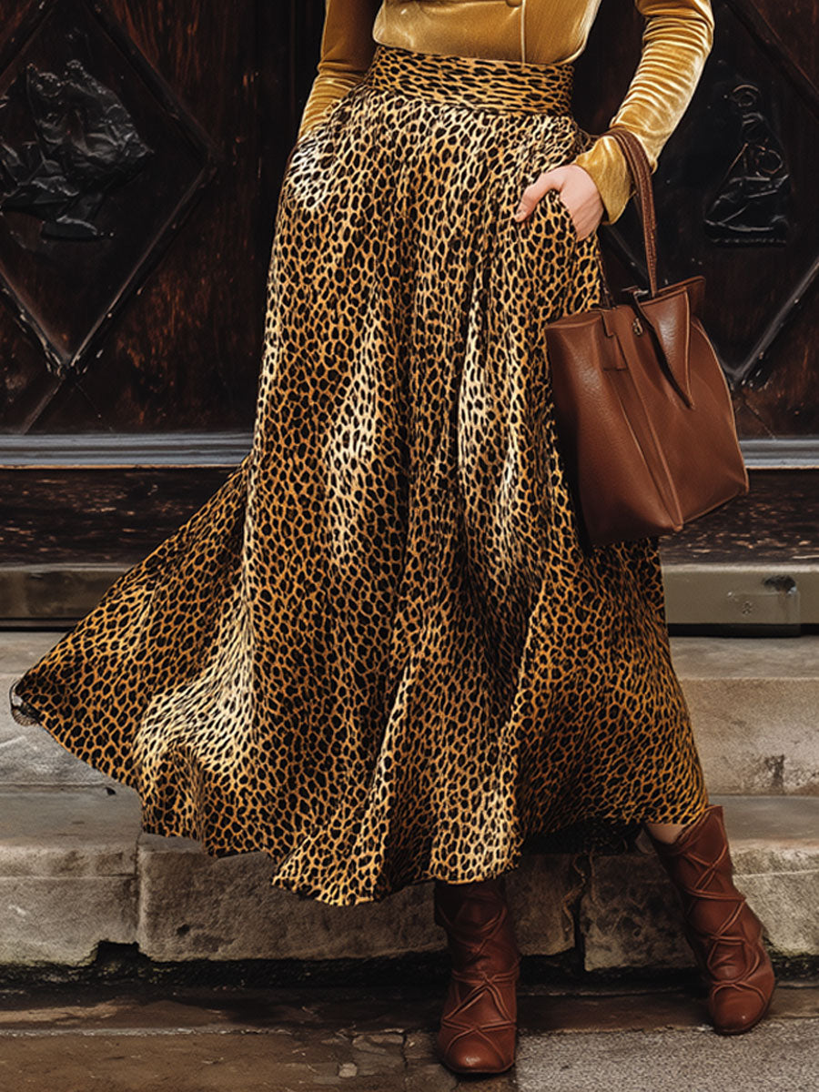 Retro Golden Velvet Ensemble: V-Neck Top with Long Leopard Print Skirt