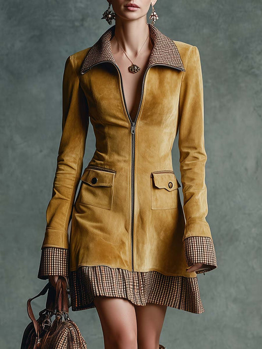 Eco-Friendly Gold Suede Vintage Mini Dress with Front Zip and Frill Details