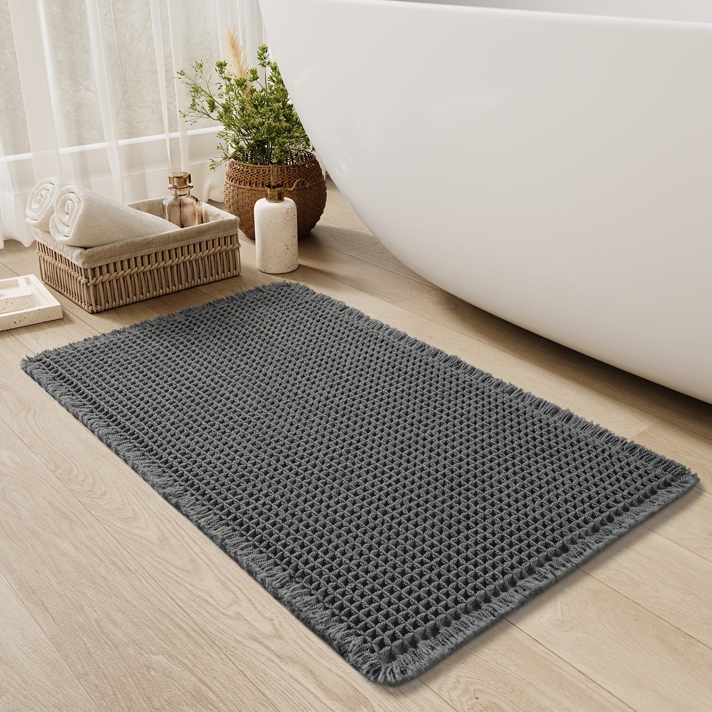 AbsorbEase | Ultra-Absorbent Waffle Bath Mat with Tassels - Non-Slip Design