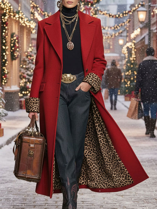 Leopard Print Wool Coat with Lapels - Single-Breasted Design