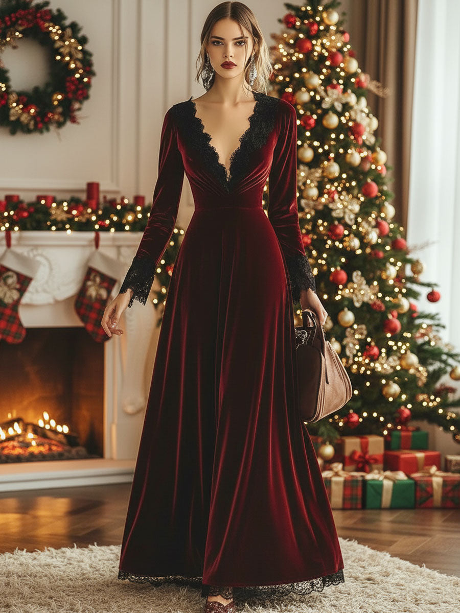 Chic Retro Maxi Dress with Lace Accents and Long Sleeves