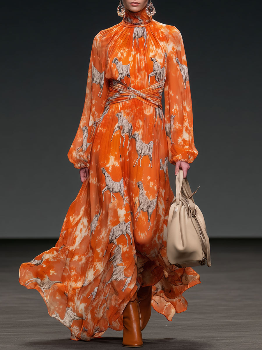 Retro-Inspired Orange Chiffon Maxi Dress with Long Sleeves and High Collar