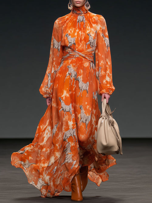 Retro-Inspired Orange Chiffon Maxi Dress with Long Sleeves and High Collar