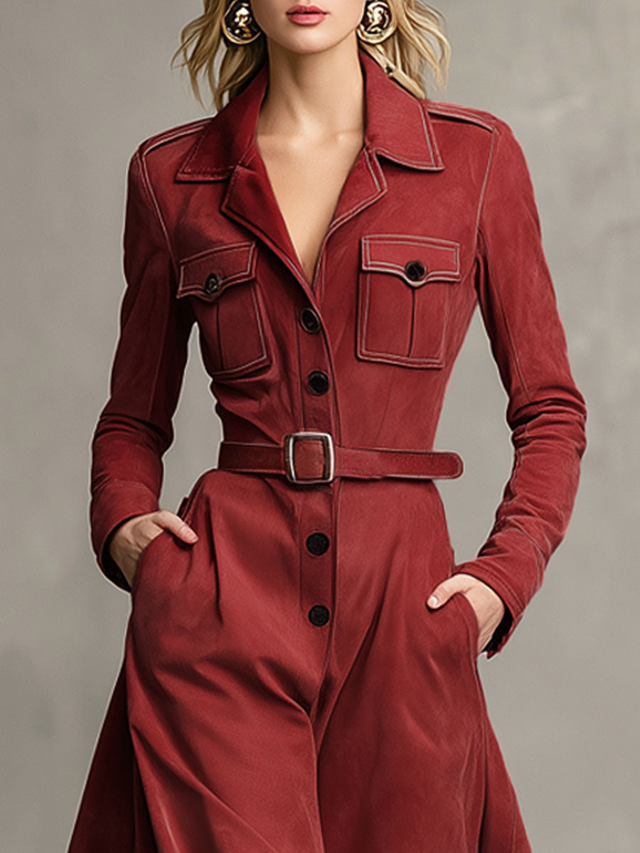 Faux Suede Maxi Dress with Western Collar, Multiple Pockets, and Single-Breasted Closure