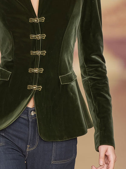 Chic Dark Green Velvet Retro Jacket with Elegant Gold Buttons