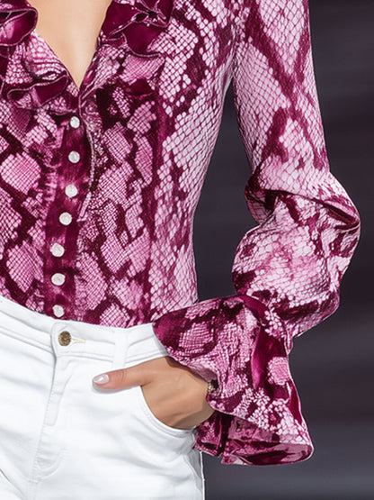 Chic Retro Snake Print Ruffled Shirt in Purple-Red Velvet with Long Sleeves