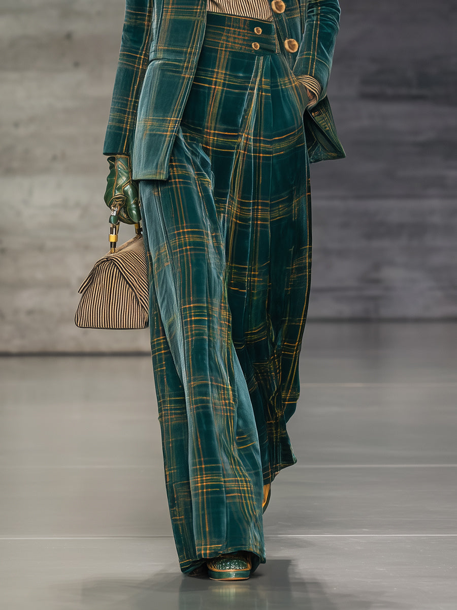 Chic Green Check Velvet Blazer with High-Waisted Wide-Leg Trousers