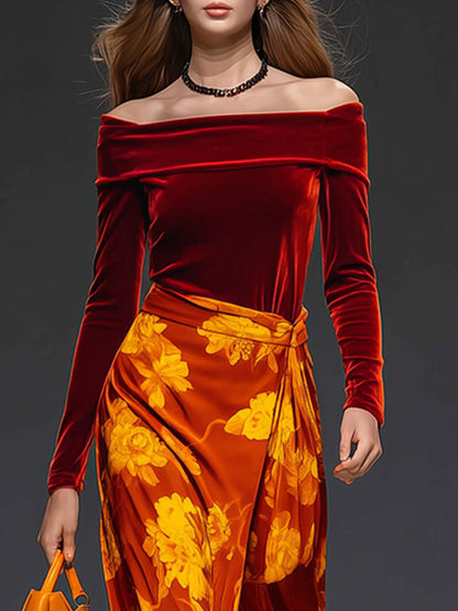 Retro Red Velvet Strapless Long Sleeve Tee with Floral Slit Skirt