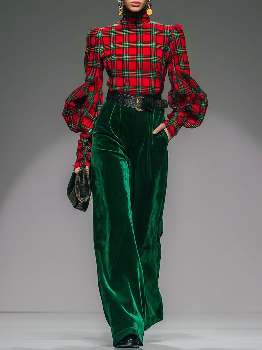Chic Retro Check Velvet Turtleneck with Long Sleeves and Wide-Leg Pants
