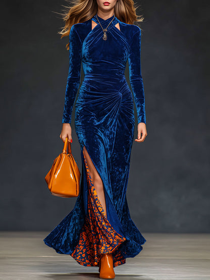 Chic Navy Blue Velvet Maxi Dress Featuring Leopard Print Accents