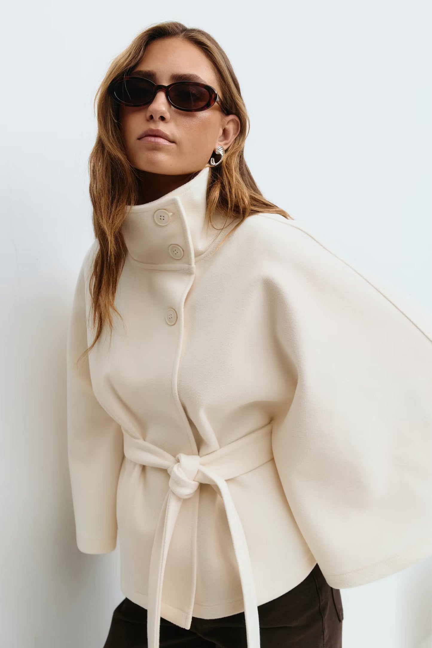 Clara Capejacket | Women's High-Collar Coat with Cape Sleeves and Belt