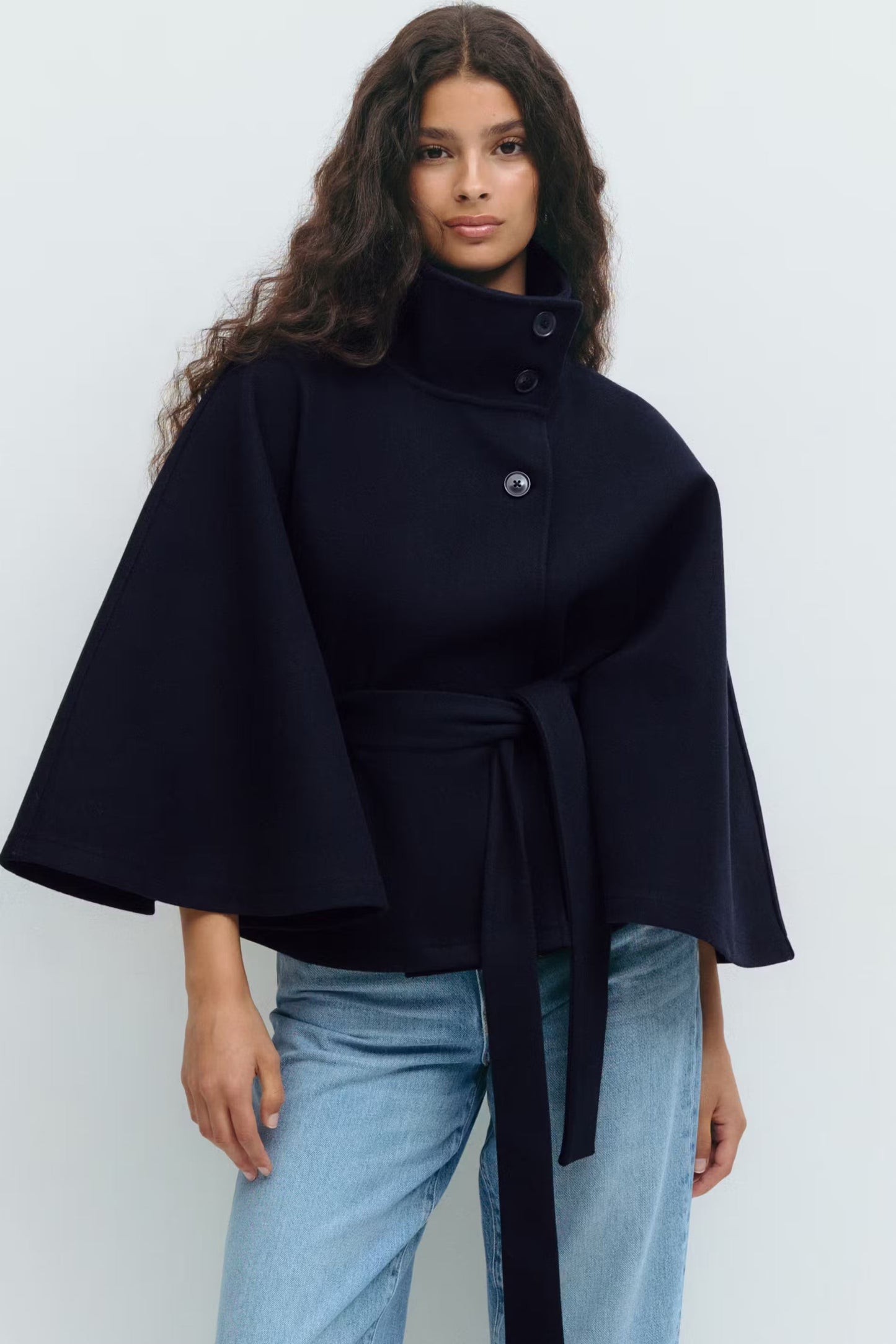 Clara Capejacket | Women's High-Collar Coat with Cape Sleeves and Belt