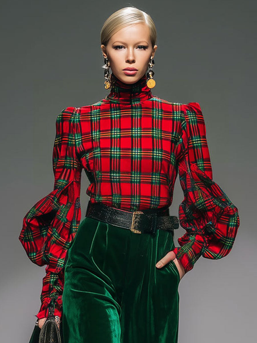 Chic Retro Check Velvet Turtleneck with Long Sleeves and Wide-Leg Pants