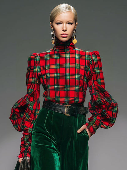Chic Retro Check Velvet Turtleneck with Long Sleeves and Wide-Leg Pants