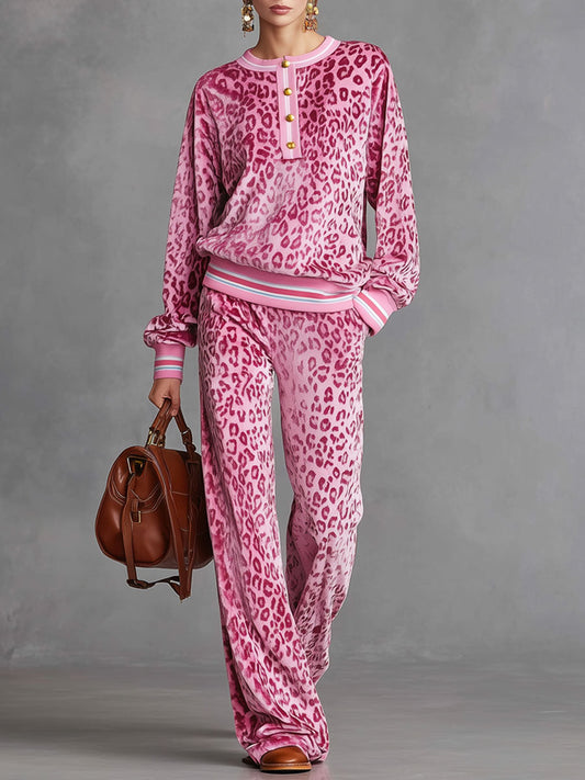Retro Pink Leopard Print Velvet Sweatshirt and Wide-Leg Trousers Set
