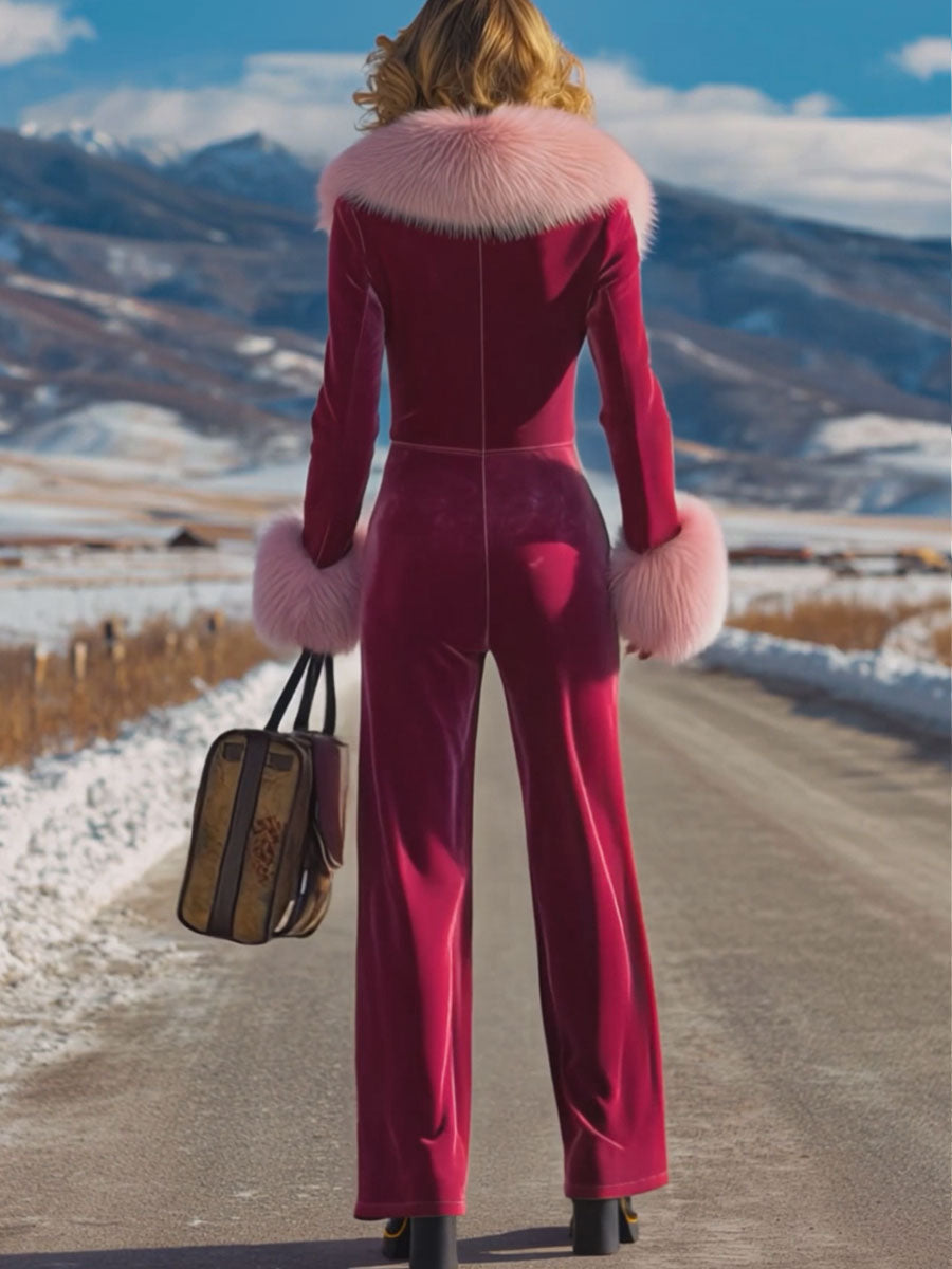 Chic Pink Velvet Jumpsuit with Long Sleeves, Flared Legs, and Trendy Retro Faux Fur Collar