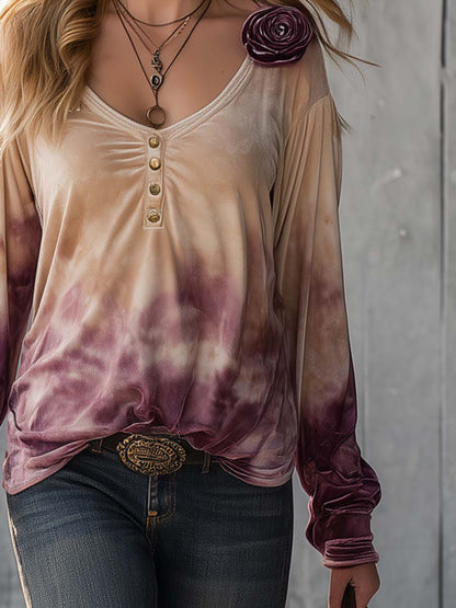 Chic Vintage Top Featuring 3D Floral Design in Purple Tie-Dye and Luxurious Beige Velvet
