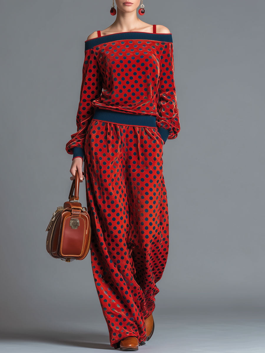 Vintage-Inspired Off-the-Shoulder Red Velvet Sweatshirt and Skirt Set with Dots
