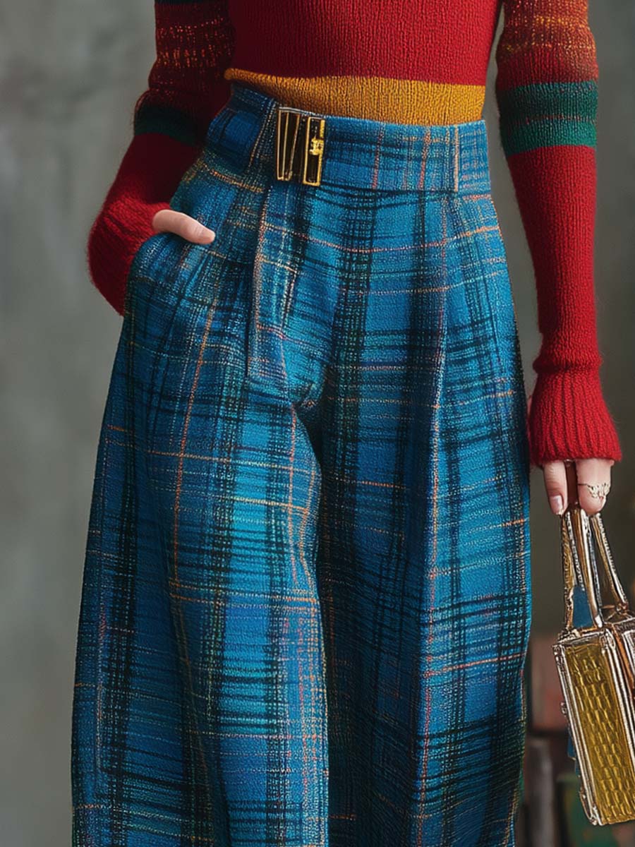 Versatile Wide-Leg Blue Check Trousers in Retro Style