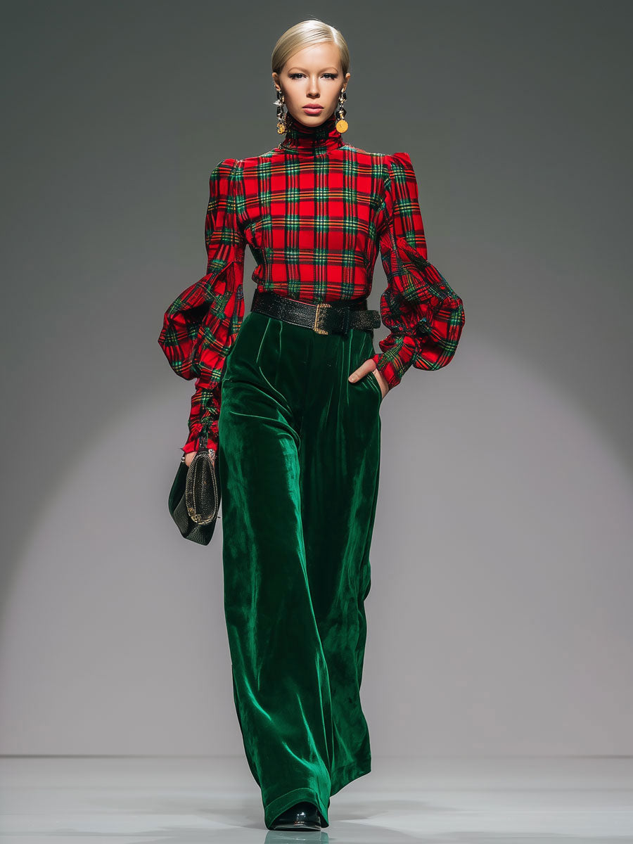 Chic Retro Check Velvet Turtleneck with Long Sleeves and Wide-Leg Pants