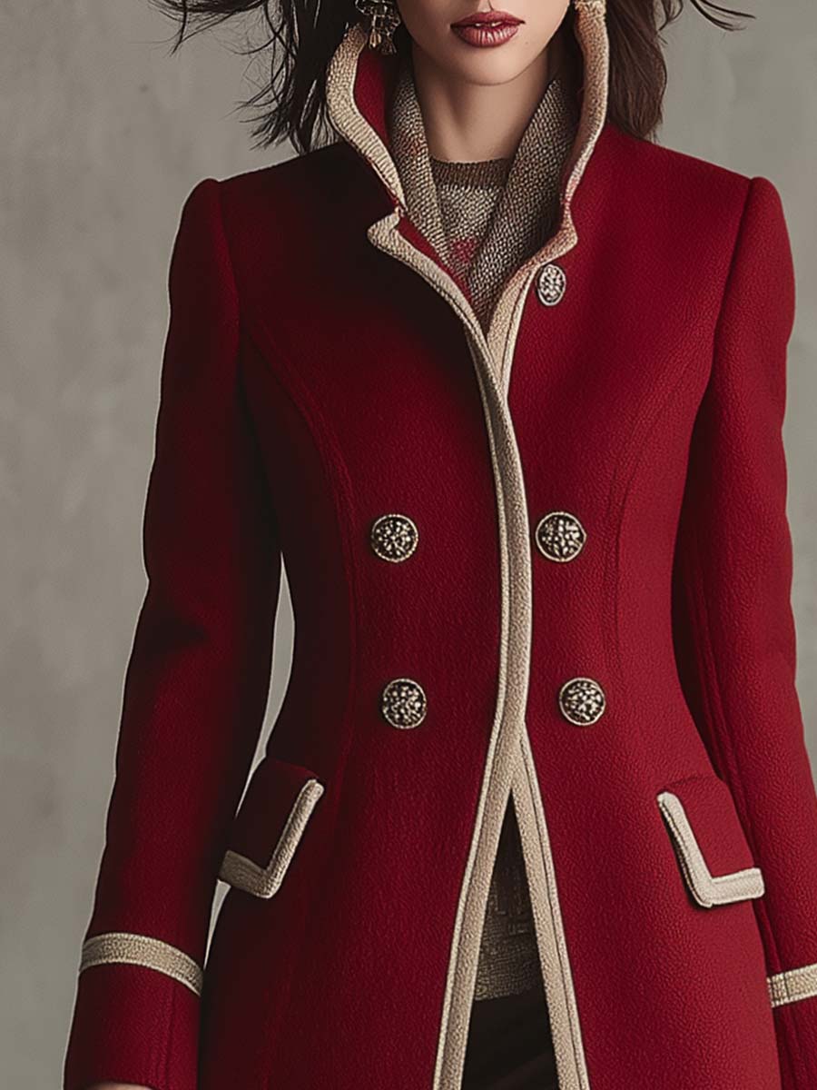 Chic Retro Red Wool Coat with Beige Accents and Button Closure