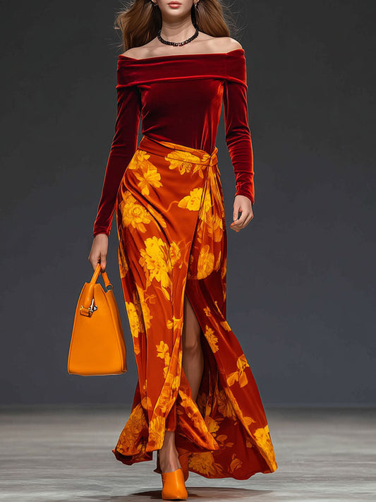 Retro Red Velvet Strapless Long Sleeve Tee with Floral Slit Skirt