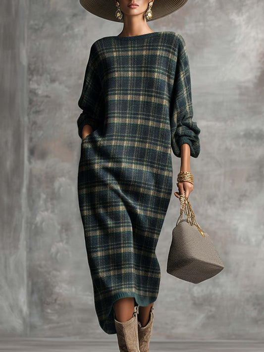 Retro Green Check Midi Dress with Round Neckline