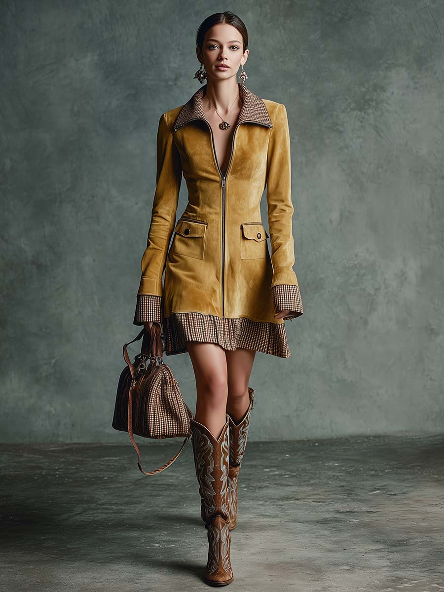 Eco-Friendly Gold Suede Vintage Mini Dress with Front Zip and Frill Details