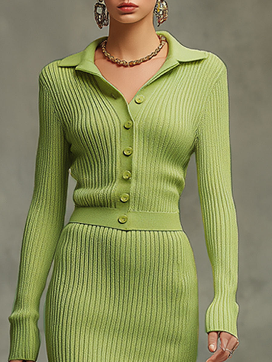 Chic Retro Yellow-Green Long Sweater with Split and Matching Skirt