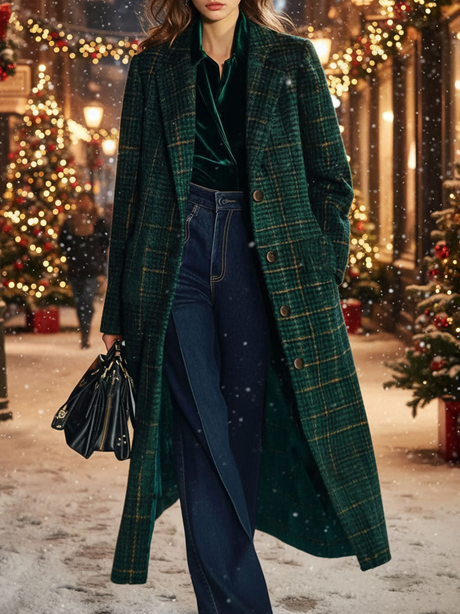 【24-Hour Shipping】Casual Loose-Fit Retro Check Wool Midi Coat with Pockets