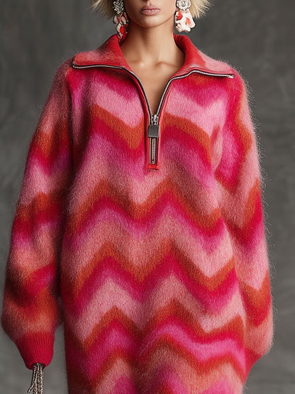 Vintage-Inspired Red and Pink Midi Dress with Zigzag Design and Collar