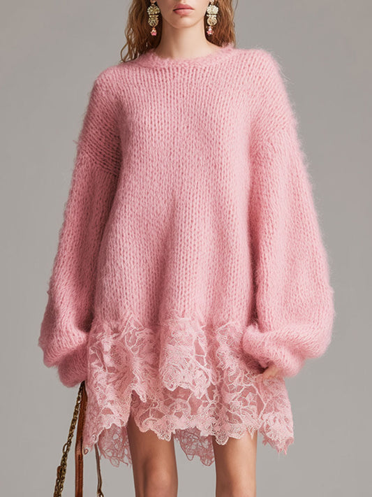 Chic Retro Pink Lace Knit Mini Dress with Long Sleeves and Round Neck