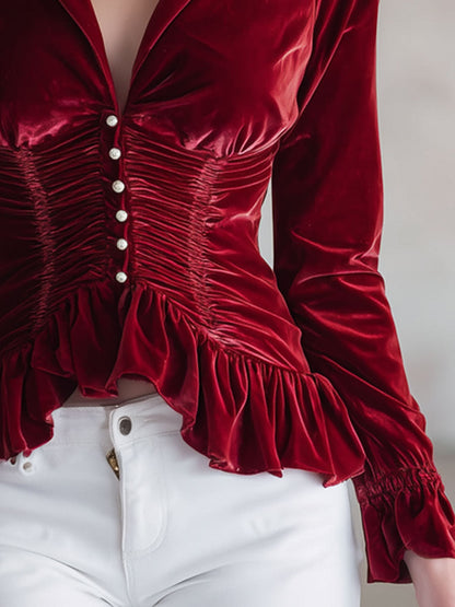 Chic Red Velvet Retro Ruffled Long Sleeve Shirt