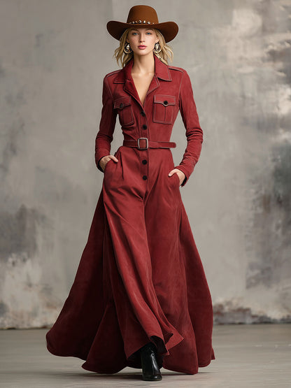 Faux Suede Maxi Dress with Western Collar, Multiple Pockets, and Single-Breasted Closure