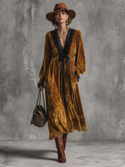 Chic Midi Dress Featuring Lace V-Neck and Luxe Gold Velvet Waistband