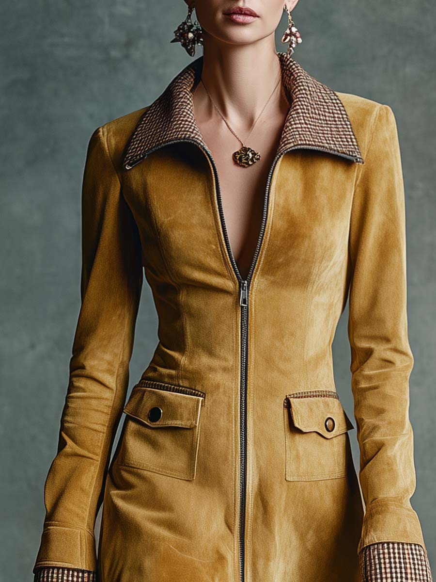 Eco-Friendly Gold Suede Vintage Mini Dress with Front Zip and Frill Details