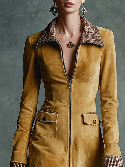 Eco-Friendly Gold Suede Vintage Mini Dress with Front Zip and Frill Details