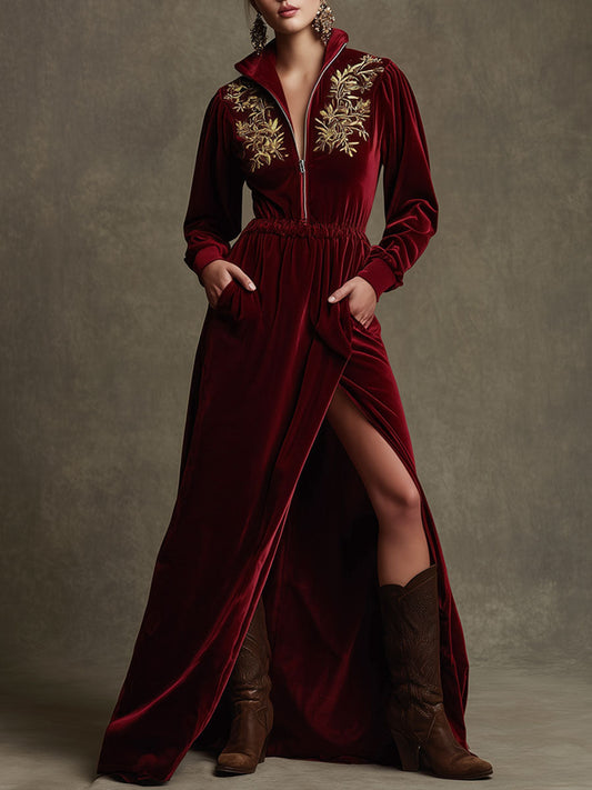 Chic Deep Red Velvet Maxi Dress with Embroidery, Long Sleeves, and Side Slit