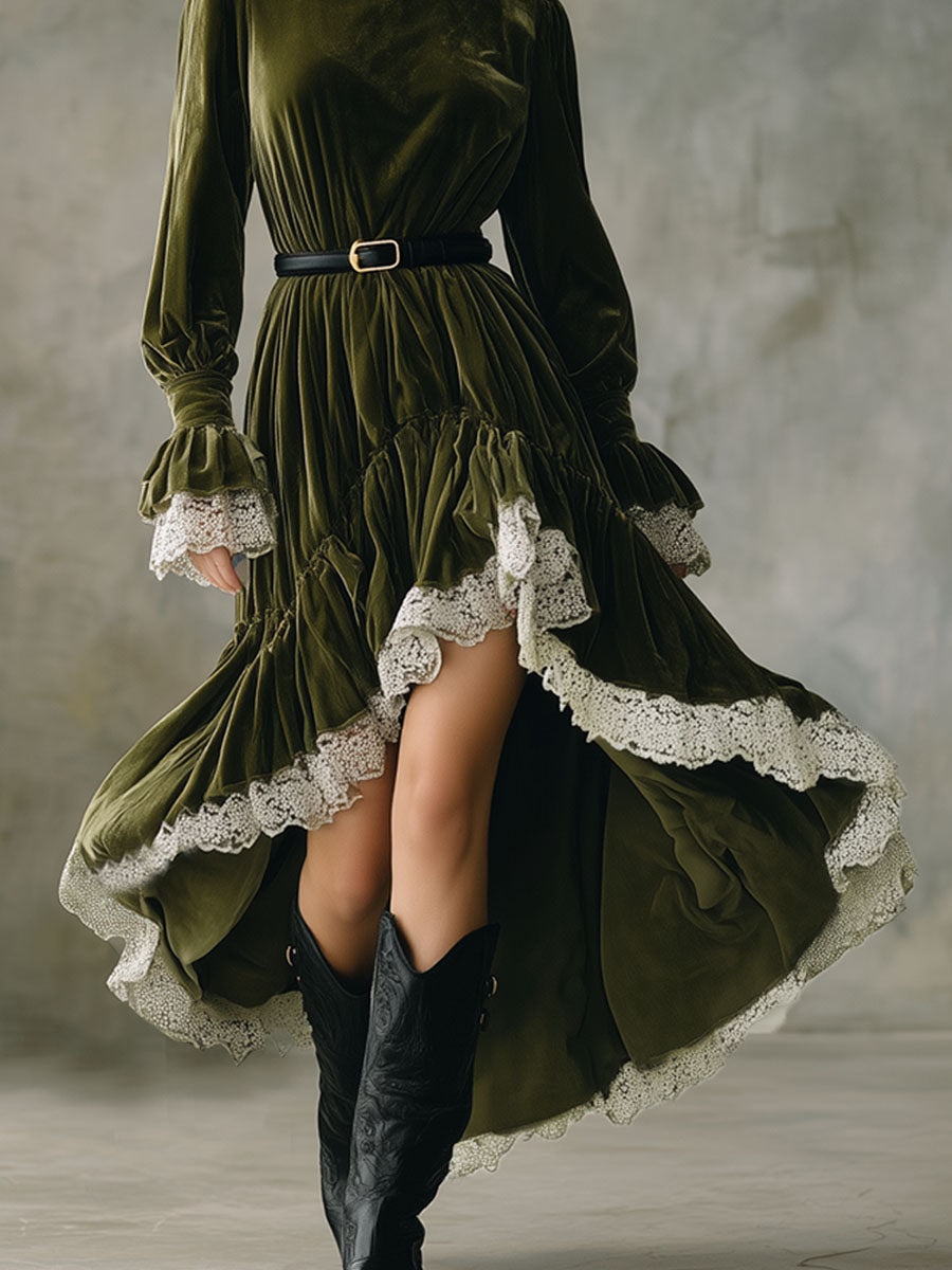 High-Collared Maxi Dress with Lace Accents