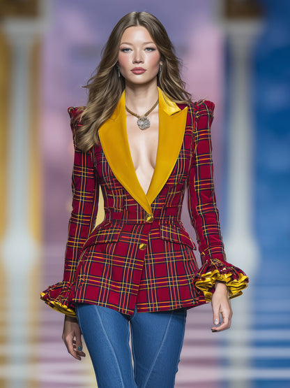 Vintage Red Checkered Velvet Blazer with Ruffles for the Holidays