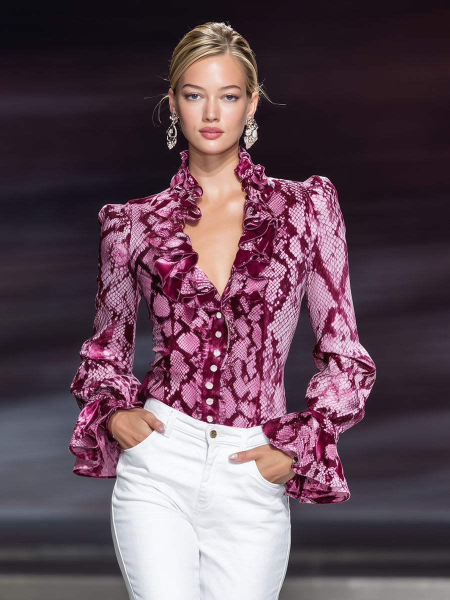 Chic Retro Snake Print Ruffled Shirt in Purple-Red Velvet with Long Sleeves