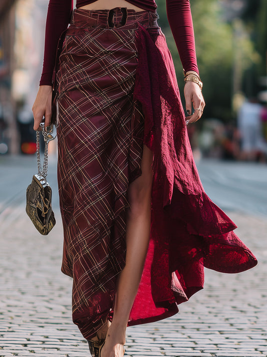 Vintage-Inspired Red Plaid Patchwork Skirt