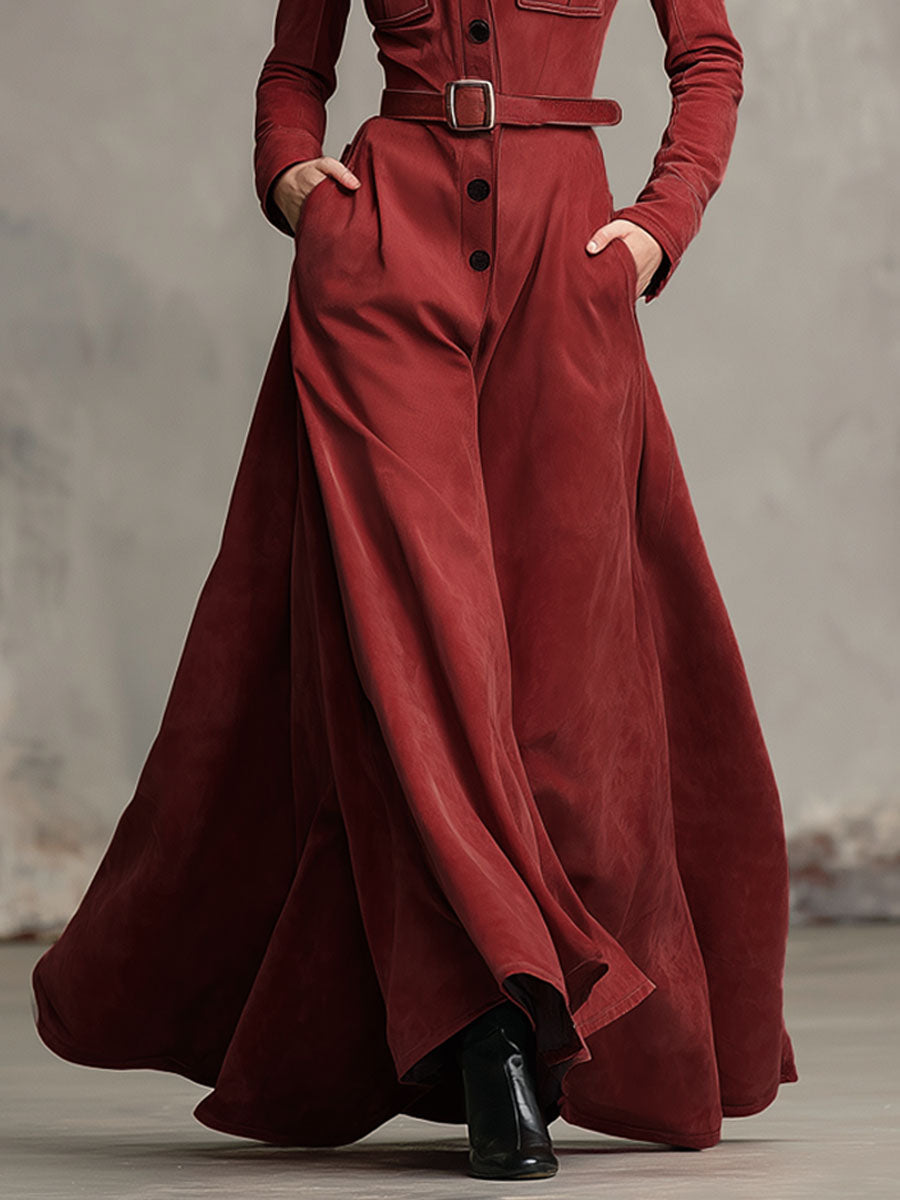 Faux Suede Maxi Dress with Western Collar, Multiple Pockets, and Single-Breasted Closure