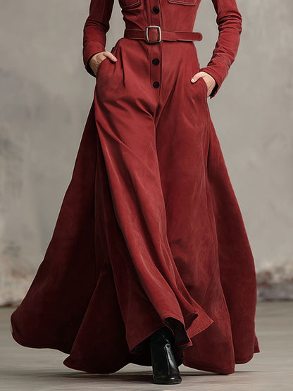 Faux Suede Maxi Dress with Western Collar, Multiple Pockets, and Single-Breasted Closure